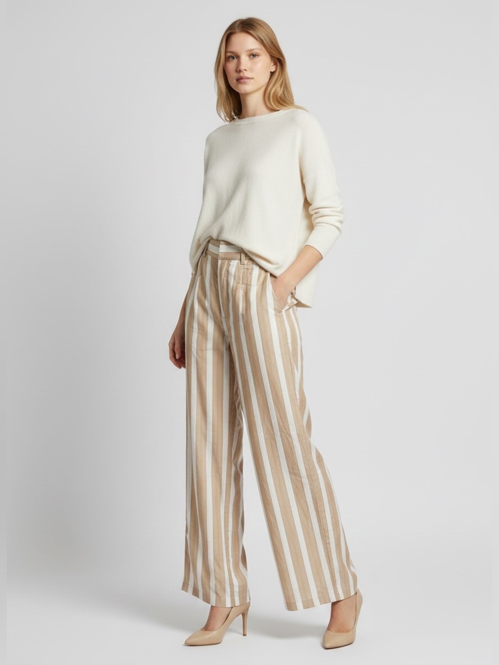 Cider Beige and White Vertical-Stripe Wide-Leg Pants